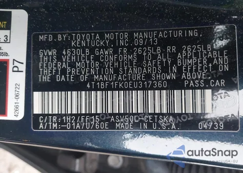 2014 Toyota Camry Se из США, поврежденный, VIN 4T1BF1FK0EU317360